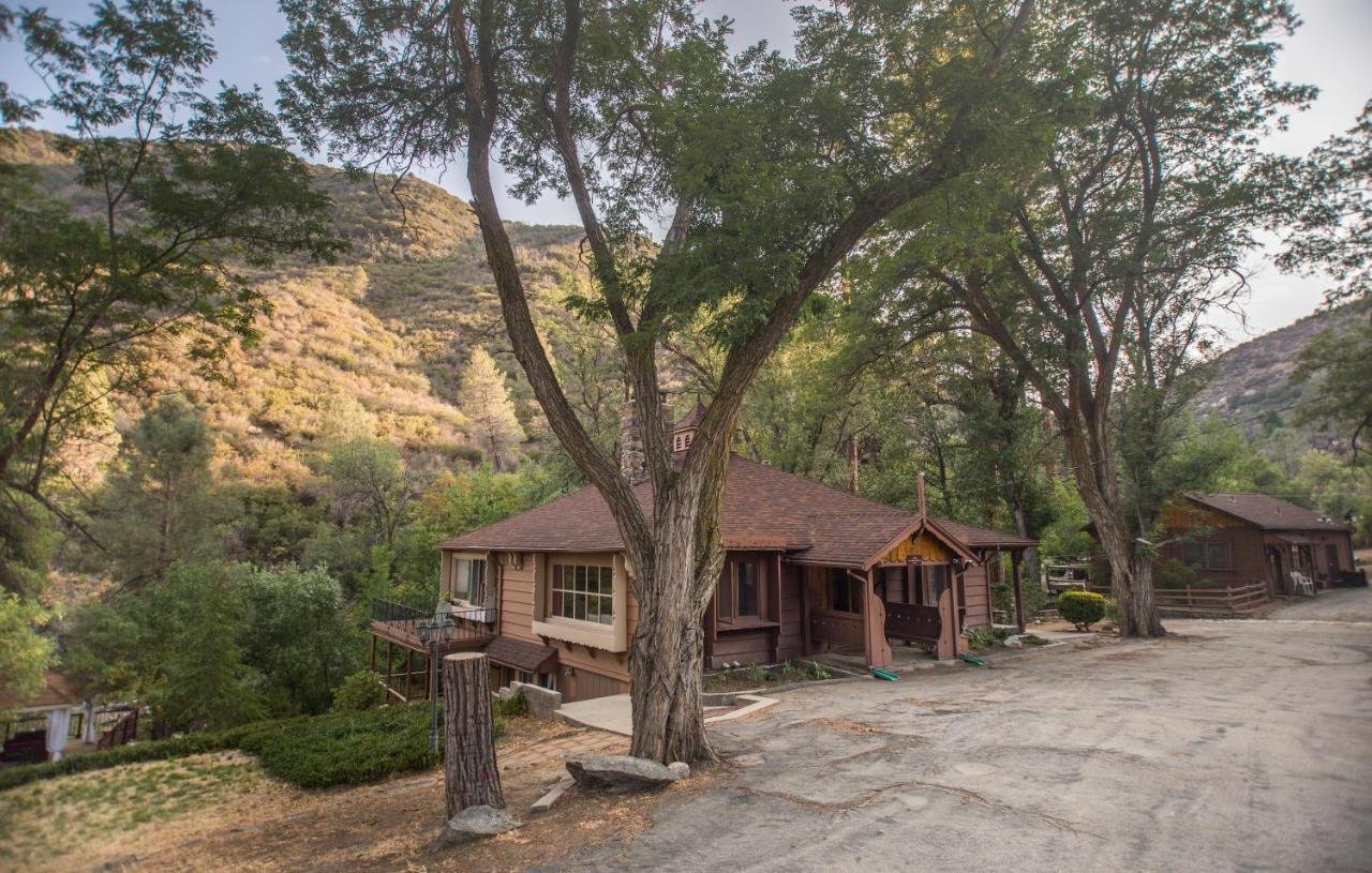 Rustic wooden cabin nestled among oak trees in Sequoia National Forest retreat setting with mountain backdrop